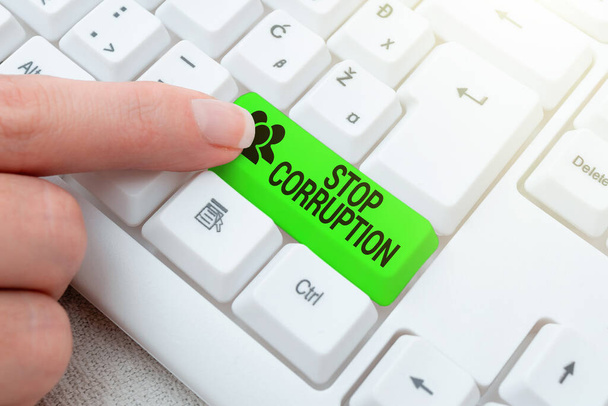Text caption presenting Stop Corruption. Business overview Put an end in abusing of entrusted power for private gain Abstract Office Typing Jobs, Typewriting Important Work Reports - Photo, Image