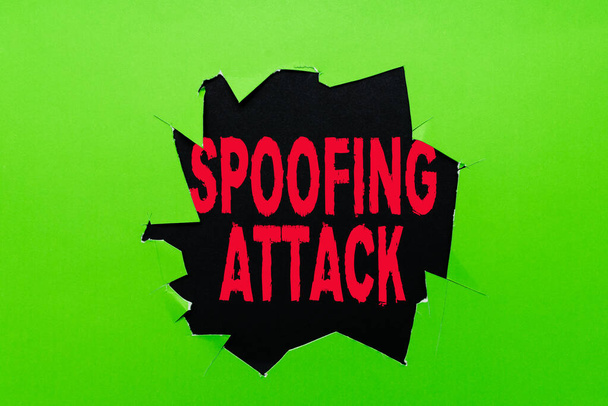 Fogalmi felirat: Spoofing Attack. Koncepció jelentése megszemélyesítése felhasználó, eszköz vagy ügyfél az interneten alkotó új gondolatok Fedezze fel Friss ötletek elfogadása Változások - Fotó, kép