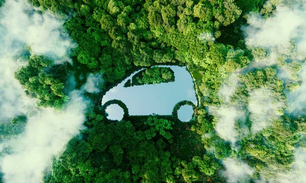 Elektrik ve hibrit arabaların gelişimi için yeni olanaklar ve verimli bir ormanda bulunan araba şeklinde bir gölet şeklinde ekolojik seyahat sorununu tasvir edin. 3d oluşturma. - Fotoğraf, Görsel
