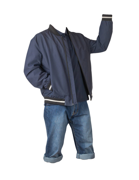 Denim dark blue shorts,dark blue t-shirt with collar on buttons and dark blue bomber jacket on a zipper  isolated on white background - Fotoğraf, Görsel