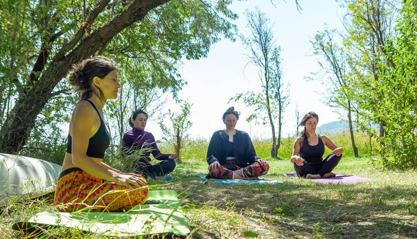 skupina lidí cvičících jógu v parku, ženy odpočívající v parku - Fotografie, Obrázek