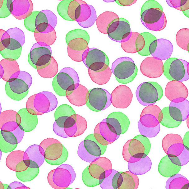 Hand Painted Brush Polka Dot Girly Seamless Watercolor Pattern. Abstract watercolour Round Circles in Purple Green Color. Artistic Design for Fabric and Background - Foto, Imagem