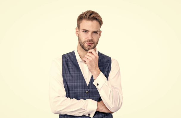 Unshaven man touch bearded chin with stylish hair in formal fashion isolated on white, barbershop - Фото, зображення