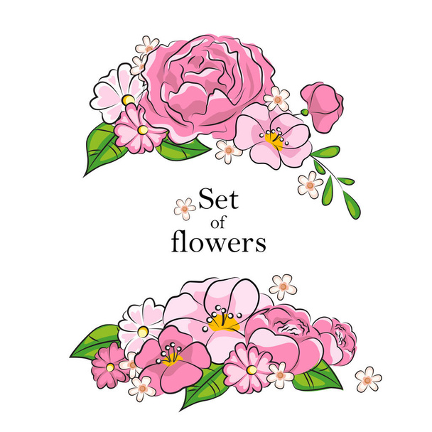  Kauniita vaaleanpunaisia villikukkia. Häät käsite kukkia. Kutsu kukkajuliste. Tervehdyskorttien tai kutsujen vektorisuunnittelu  - Vektori, kuva