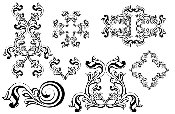 ベクトルダマスクヴィンテージバロックスクロール装飾旋回。ヴィクトリア朝のモノグラム紋章シールドが渦巻く。レトロな花の葉のパターンの境界線は、アンティークアカンサスの書道の入れ墨を刻ま葉。タイル装飾要素 - ベクター画像