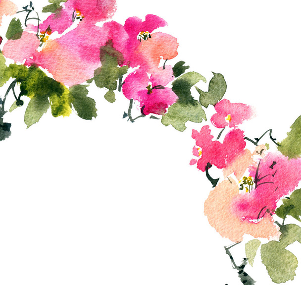 Illustrazione acquerello e inchiostro di albero fiorito con fiori rosa, boccioli e foglie. Pittura orientale tradizionale in stile sumi-e, u-sin e gohua. - Foto, immagini