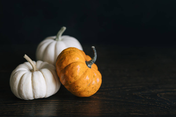 Ripe pumpkins on a dark wooden background. Minimalistic concept for Thanksgiving card or background. Place for text. - Fotografie, Obrázek