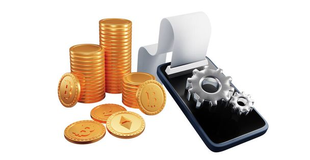 Transakcja online za pośrednictwem smartfona, wysyłane i odbierane monety i koncepcja płatności online. Ilustracja 3D - Zdjęcie, obraz