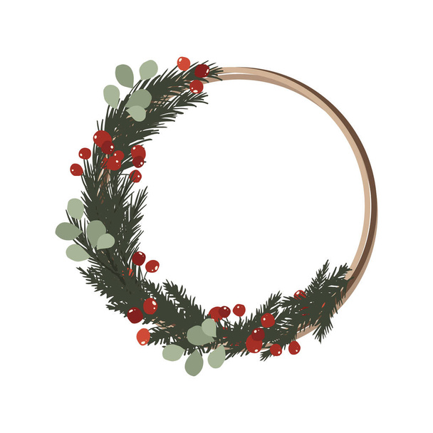 Marco floral de invierno de Navidad y corona con ramas de abeto, eucalipto y bayas. Ilustración vectorial en estilo plano dibujado a mano  - Vector, imagen