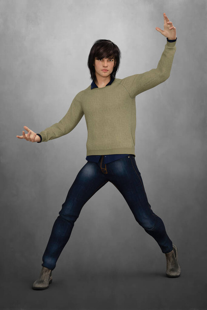 Man in jeans standing in an arms outstretched urban fantasy style magician pose - Zdjęcie, obraz