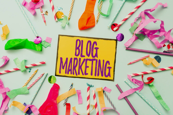 Writing displaying text Blog Marketing. Concept meaning any process that publicises or advertises a website via blog Colorful Party Collections Flashy Celebration Stuff Birthday Festival Kit - Photo, Image