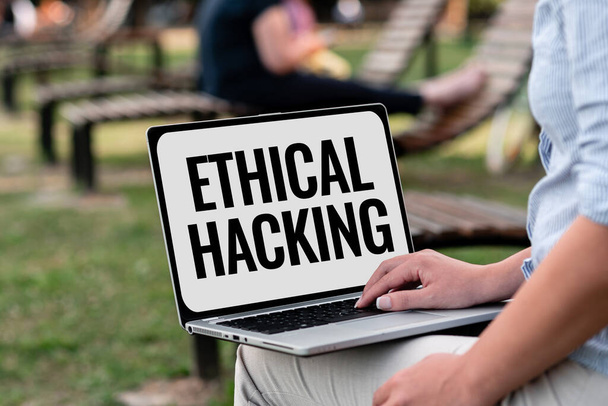 Sign displaying Ethical Hacking. Internet Concept act of locating weaknesses and vulnerabilities of computer Online Jobs And Working Remotely Connecting People Together - Photo, Image