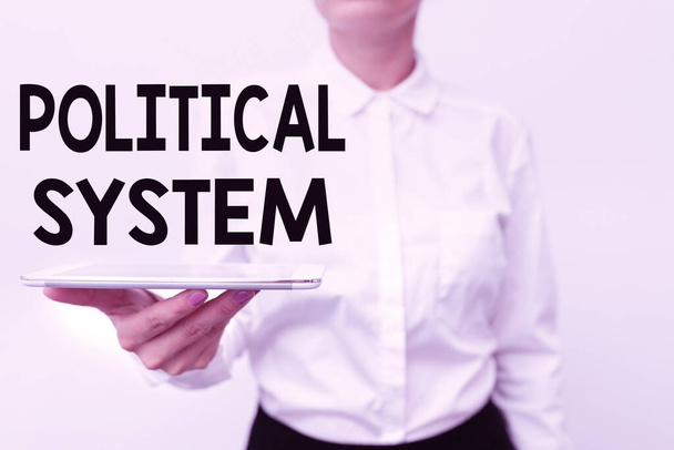 Text caption presenting Political System. Word Written on the process for making official government decisions Presenting New Technology Ideas Discussing Technological Improvement - Photo, Image