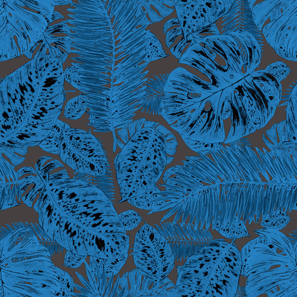 Υδατογραφία αδιάλειπτη μοτίβο με τροπικά φύλλα. Όμορφο allover print με χειροποίητα εξωτικά φυτά. Βοτανικός σχεδιασμός μαγιό. - Φωτογραφία, εικόνα