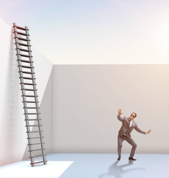 問題から逃れるためにはしごを登るビジネスマン - 写真・画像