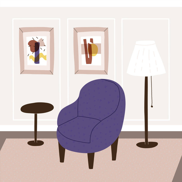 Moderní obývací pokoj Interiér s židlí, konferenčním stolkem, podlahovou lampou, uměním na stěnách a nápisy. - Vektor, obrázek