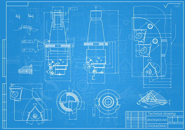 Mechanical engineering drawings on blue background. Tap tools, borer. Technical Design. Cover. Blueprint. Vector illustration. - Vecteur, image