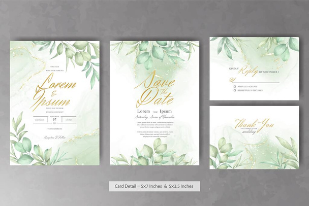 Piękny Wedding Zaproszenie kartka szablon z akwarela ręcznie rysowane liści - Wektor, obraz