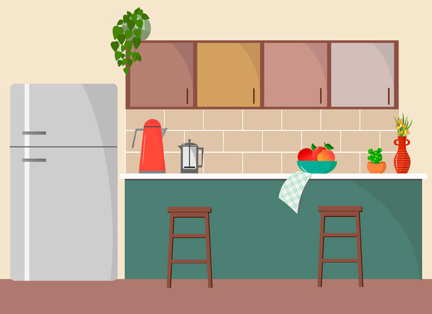 Egyszerű konyha belső hűtőszekrénnyel, konyhaszekrénnyel, asztallal és székekkel.  - Vektor, kép