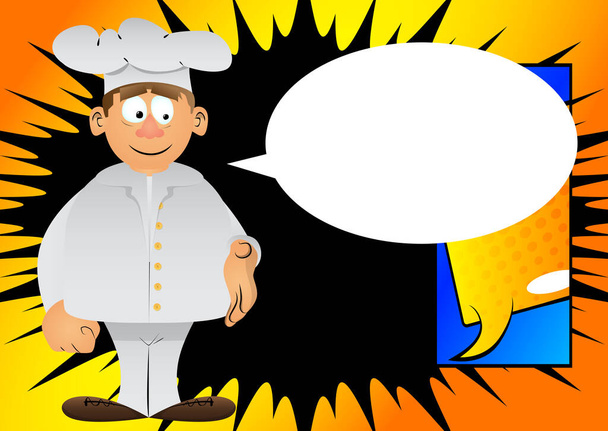 Fat male cartoon chef in uniform giving a hand. Vector illustration. Cook greeting you. - Vector, Image
