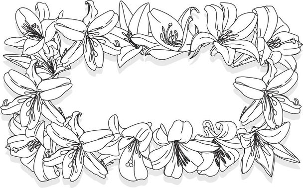 Mockup invitation, blank greeting card and lilly flowers. Flat lay, top view monochrome - Вектор, зображення