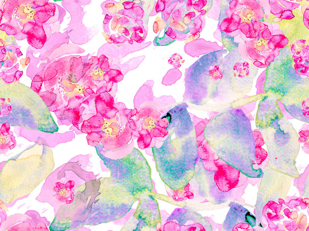 Akvarelové růže, pivoňka a listy Bezešvý vzor. Violet Purple Summer Blossom pozadí. Exotický design plavek. Ročník Peonie Eco Rapport. Botanická květinová ilustrace. - Fotografie, Obrázek