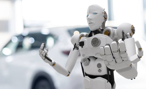 Robot futuro futurista humanoide cibernético con auto, automóvil, chequeo de automóviles, para fijar en la industria del garaje por lo que la inspección, inspector de mantenimiento de seguros mecánica reparación robot servicio de tecnología - Foto, imagen