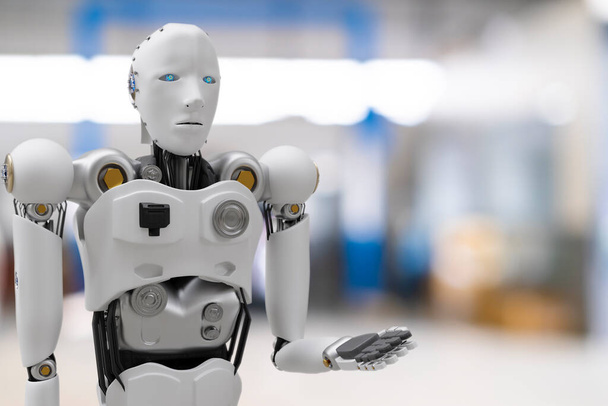 Robot cyber futuro umanoide futuristico con auto, auto, auto controllo automobilistico, per fissare nel settore garage così ispezione, ispettore manutenzione assicurativa meccanico riparazione robot tecnologia di servizio - Foto, immagini