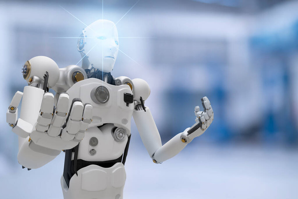 Robot futuro futurista humanoide cibernético con auto, automóvil, chequeo de automóviles, para fijar en la industria del garaje por lo que la inspección, inspector de mantenimiento de seguros mecánica reparación robot servicio de tecnología - Foto, imagen