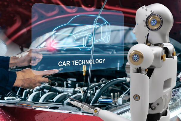 Robot cyber futuro umanoide futuristico con auto, auto, auto controllo automobilistico, per fissare nel settore garage così ispezione, ispettore manutenzione assicurativa meccanico riparazione robot tecnologia di servizio - Foto, immagini