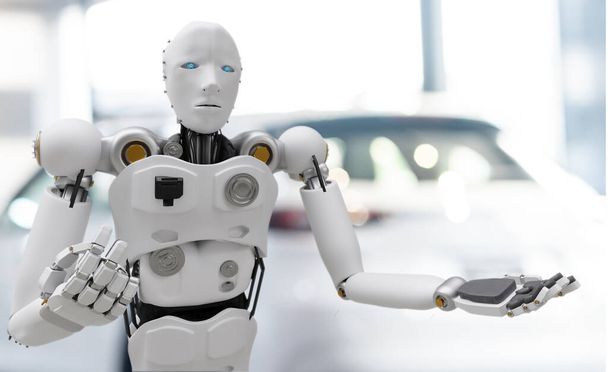 Robot cyber przyszłości futurystyczny humanoid z auto, samochód, samochodowy samochód sprawdzić, do ustalenia w przemyśle garażowym więc inspekcja, inspektor ubezpieczenia mechanik naprawy technologii serwisu robota - Zdjęcie, obraz
