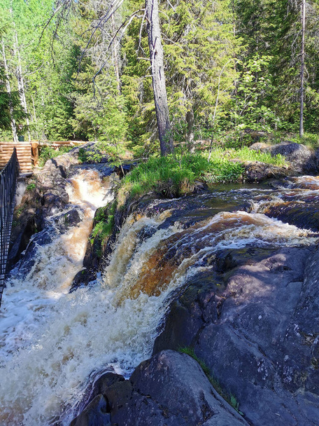Side view of the Ahvenkoski waterfall on the Tokhmayoki River in Karelia on a clear summer morning. - Photo, Image