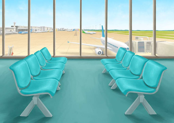 Salón terminal del aeropuerto internacional, una pintura digital del paisaje del aeródromo con el aeroplano y la vista del cielo azul de la ventana edificio raster 3D ilustración anime fondo. - Foto, imagen