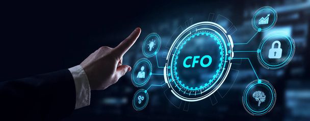 Business, Technology, Internet and network concept. Young businessman working on a virtual screen of the future and sees the inscription: CFO - Fotó, kép