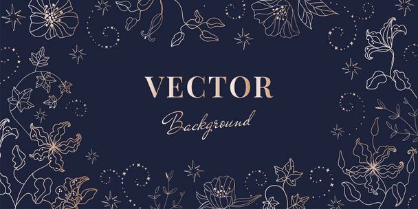 Blue and gold elegant magic celestial frame background with line flowers and greenery, hand drown stars and magic spell sparkling curves. Good for fashion, beauty feminine advertisment - Вектор,изображение