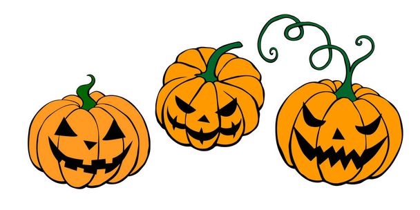 Een set vector simpele enge enge lachende Halloween pompoenen geïsoleerd. Jack o Lantaarn. Traditionele decoratie symbool van vakantie viering in cartoon platte stijl. - Vector, afbeelding