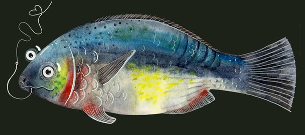 Ryby a rybaření. Rybaření mi dělá radost - akvarel ilustrace pro tisk. - Fotografie, Obrázek