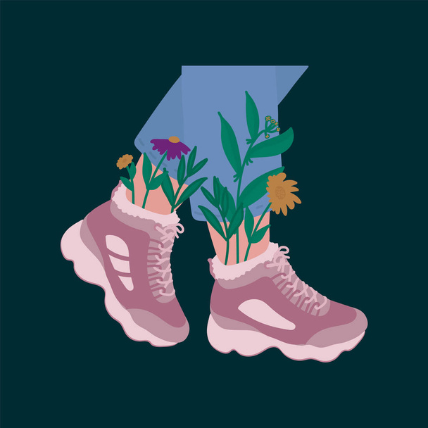 A poster of a pair of female legs in sneakers. Fashionable sports shoes. Stylish shoes, running shoes and flowers. Vector color fashion illustration for postcard design. - Vector, Image