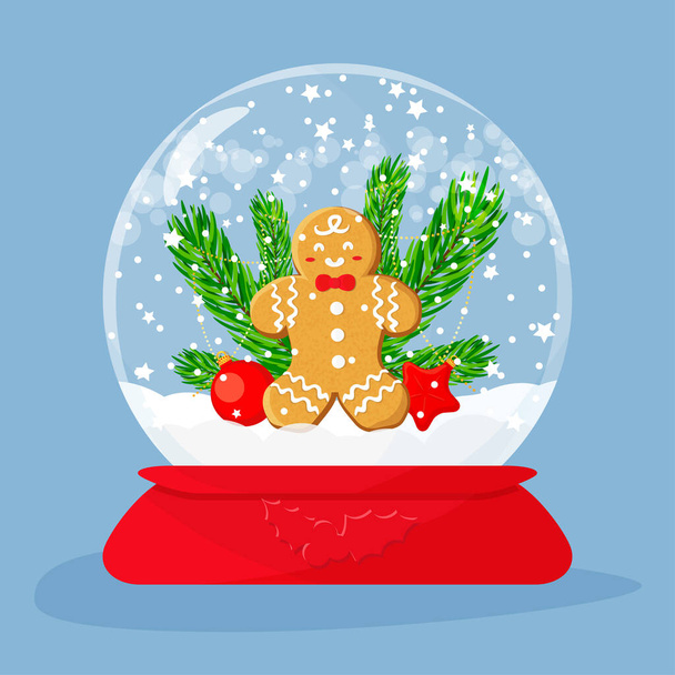 Globo de neve de Natal com biscoito de gengibre e decorações dentro. Ilustração vetorial plana. - Vetor, Imagem
