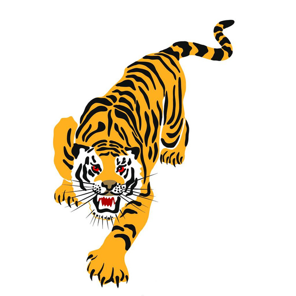 Eine Illustration eines Tigers oder einer Wildkatze mit riesigen Krallen und Reißzähnen. Ein blutrünstiges Raubtier, bevor es ein Opfer jagt. Eine Idee für ein Tätowieren. ein Verwandter von Löwe, Puma, Leopard oder Gepard - Foto, Bild