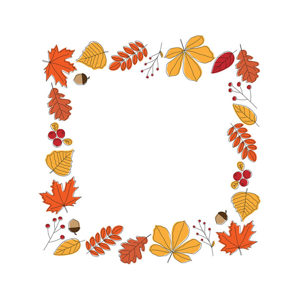 Colorful autumn leaves square frame. Line art design. Doodle style.  - Вектор, зображення