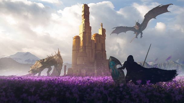 Герой эпопеи рыцарь в поле пурпурных цветов сражается с двумя большими драматургами в защиту башни-замка при красивом солнечном свете - концепт-арт - 3D рендеринг - Фото, изображение
