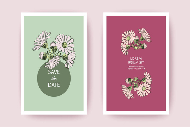 Met de hand getekend Chrysant bloemen wenskaart, artistieke vector illustratie. Botanische bruiloft ornament. Bloemen trendy patroon achtergrond. Ontwerp, uitnodiging, poster. Pastel turquoise, roze kleuren - Vector, afbeelding