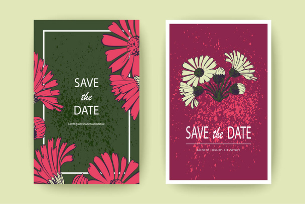 Открытка с цветами Хризантемы, художественная векторная иллюстрация. Ботаническое свадебное украшение. Лепестки окрашены в розовый. Цветочная модная вечеринка по дизайну фона. Зеленый, пурпурный цвет - Вектор,изображение