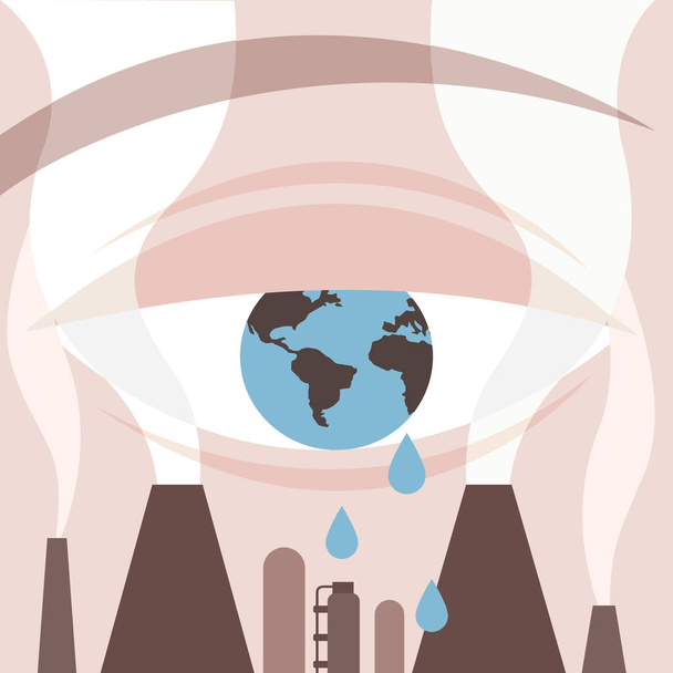 Глаз, представленный как планета Земля проливает слезы в результате загрязнения. Концептуальная иллюстрация глобального потепления. - Вектор,изображение