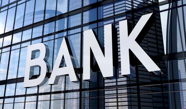 Banco - concepto tipográfico, signo en el edificio de vidrio - Ilustración 3D - Foto, Imagen