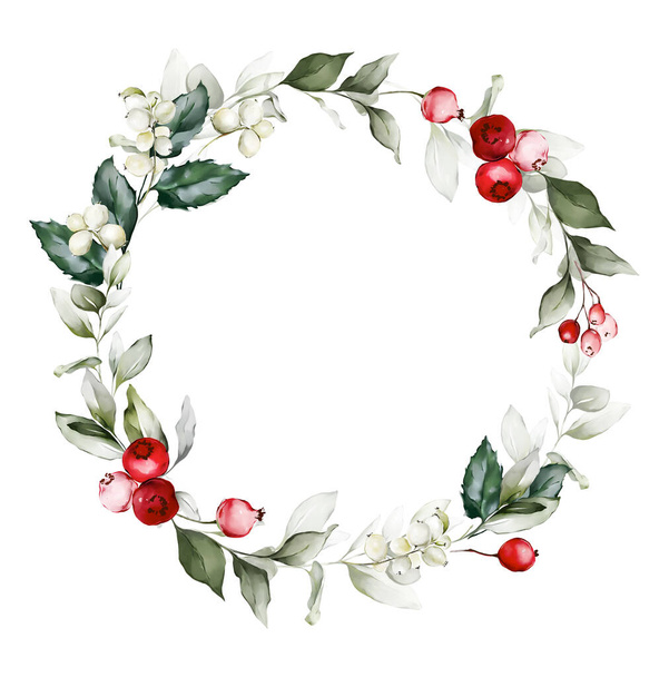 Christmas wreath with berries in a watercolor style - Foto, afbeelding