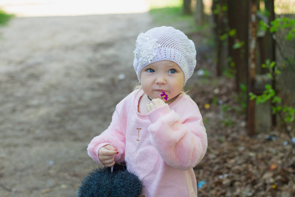 Cute little gentle girl 2 years old in a pink soft jacket walks in the park. - Φωτογραφία, εικόνα