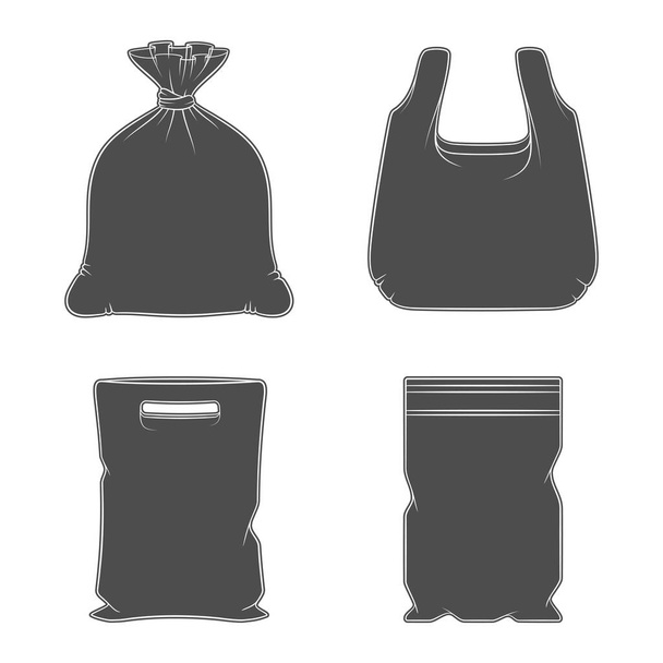 Set of black and white illustrations with plastic packages, bags. Isolated vector objects on a white background. - Vecteur, image
