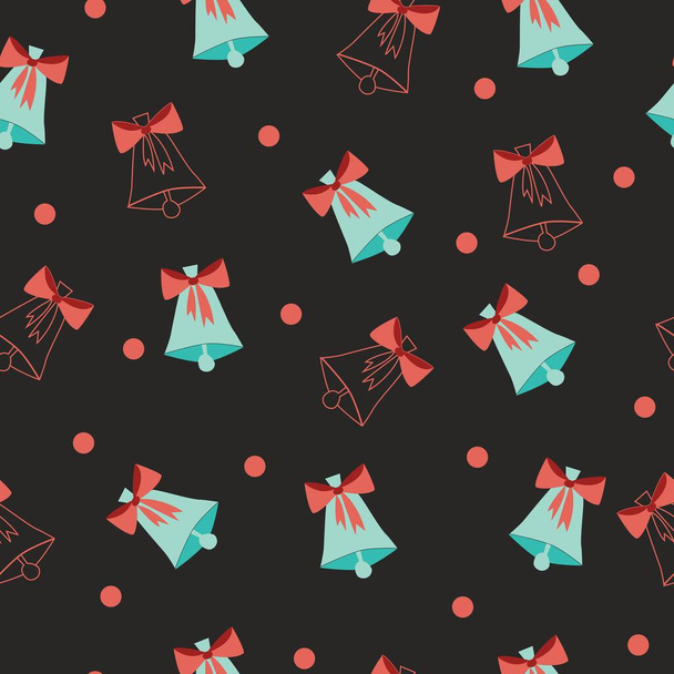 Nahtloses Muster für Weihnachtspapier oder Textilien. Wiederholen Sie das Muster mit Glöckchen und Punkten - Vektor, Bild